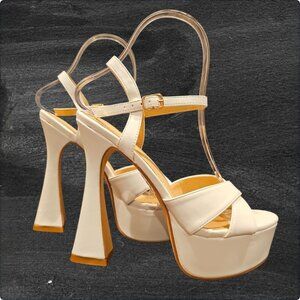White Faux Leather Platform High Heel Sandals With Ankle Strap & Block Heel